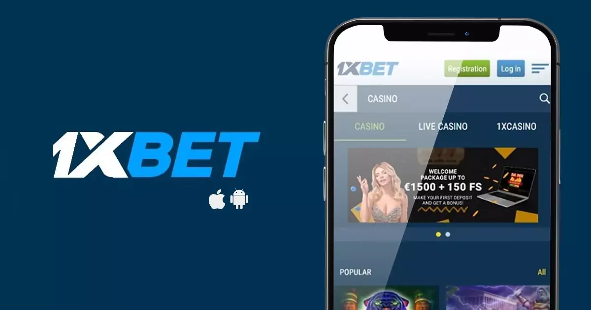 Vista de la aplicación móvil de 1xBet con las opciones de registro e inicio de sesión