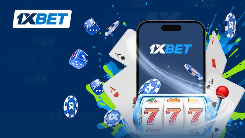 Interfaz de casino online de 1xBet mostrada en un teléfono móvil junto al logotipo de la marca